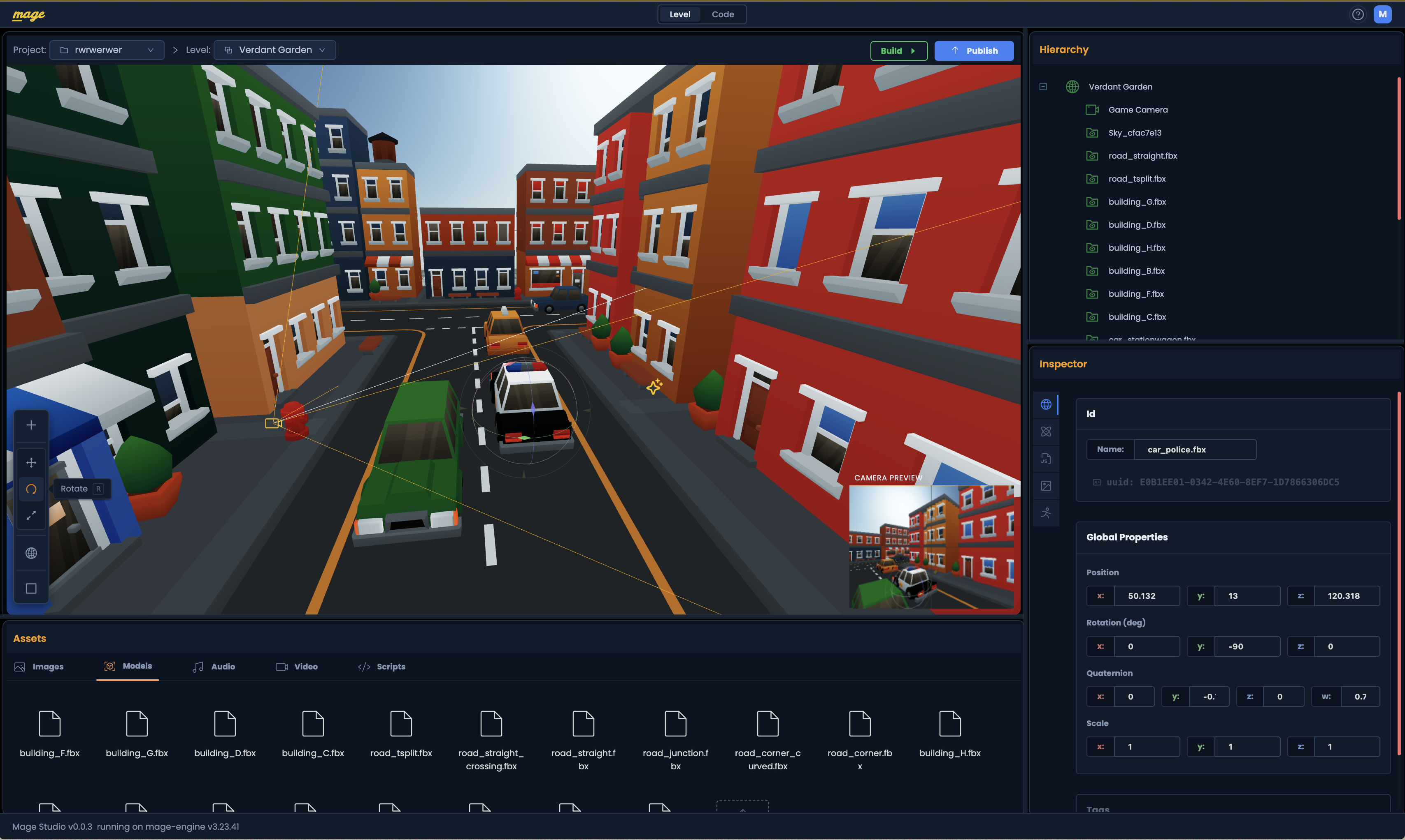 Mage Studio Editor — 3D city scene with hierarchy, viewport, properties, and assets panels